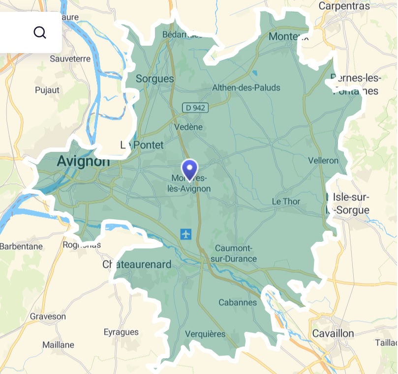 carte zone 20 minutes autour de Morières